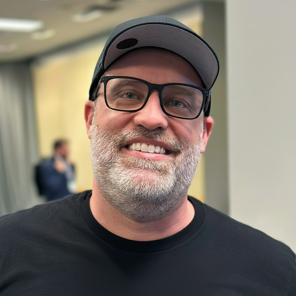 Portrait of Travis Lowdermilk, smiling, wearing glasses and a cap.